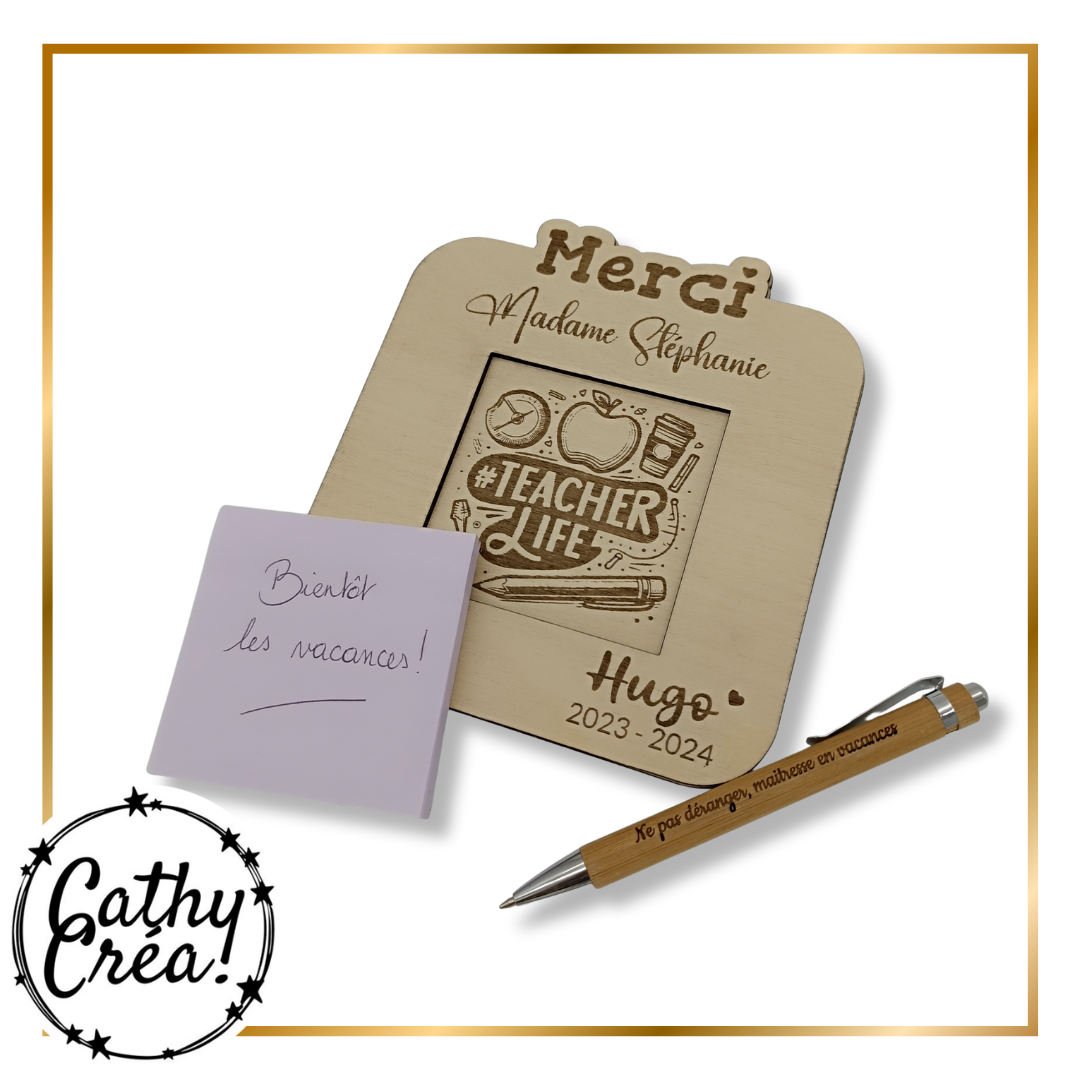 Support à Post-it personnalisé en bois – Cadeau pour maîtresse ou maître