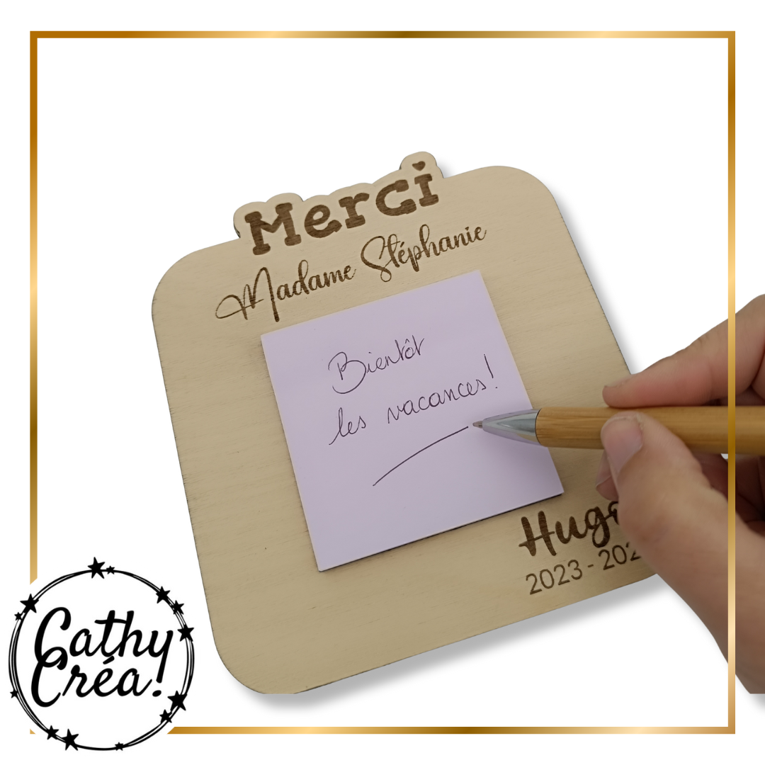 Support à Post-it personnalisé en bois – Cadeau pour maîtresse ou maître