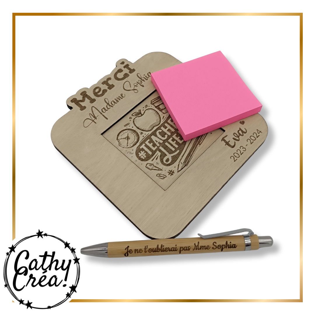 Support à Post-it personnalisé en bois – Cadeau pour maîtresse ou maître