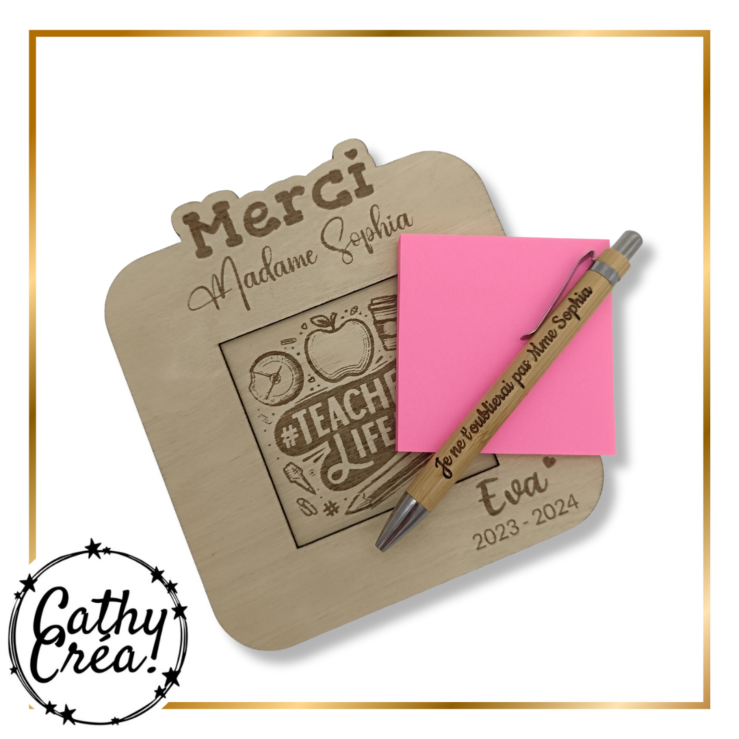 Support à Post-it personnalisé en bois – Cadeau pour maîtresse ou maître