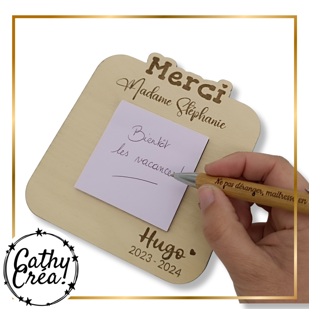 Support à Post-it personnalisé en bois – Cadeau pour maîtresse ou maître