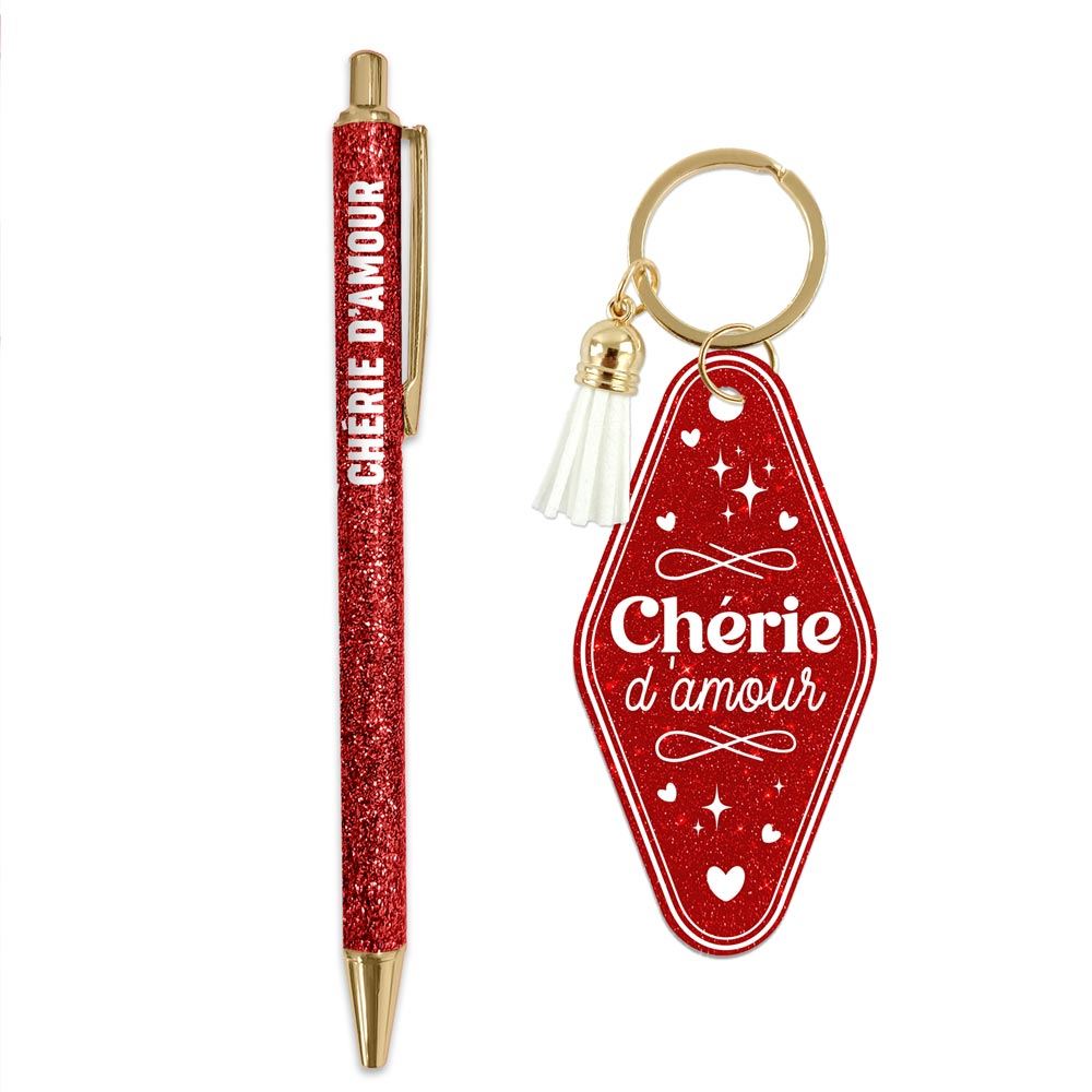 ❤️ Duo pailleté – Porte-clés & stylo “Chérie d’amour” ✨