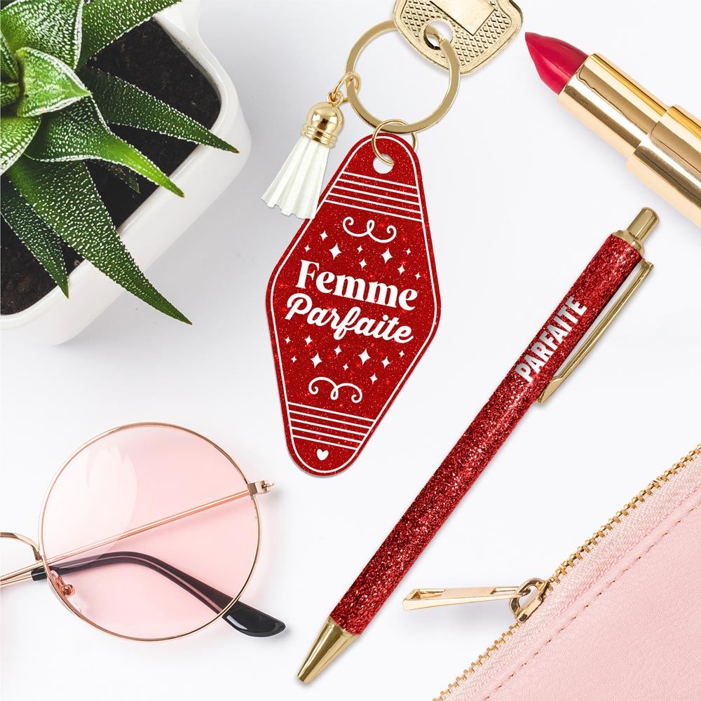 ❤️ Duo pailleté – Porte-clés & stylo “Femme parfaite” ✨