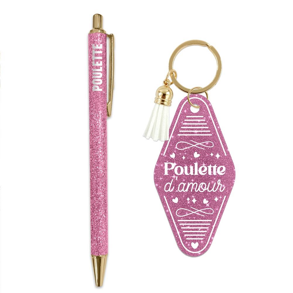 đ Duo pailletĂ© â Porte-clĂ©s & stylo âPoulette dâamourâ âš
