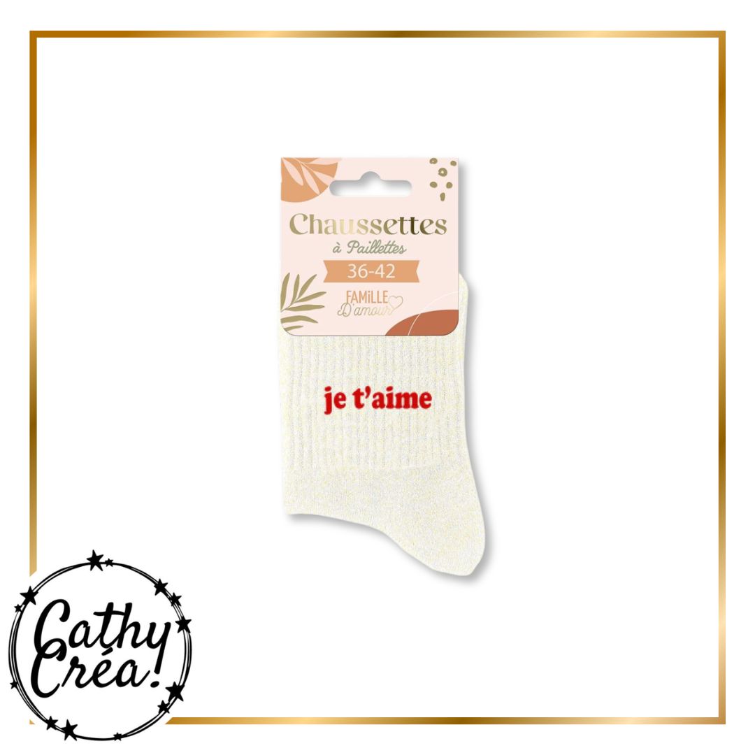 Chaussettes je t'aime pailletĂ©es sur Ă©tiquette Famille d'Amour taille 36-42 prĂȘtes Ă offrir
