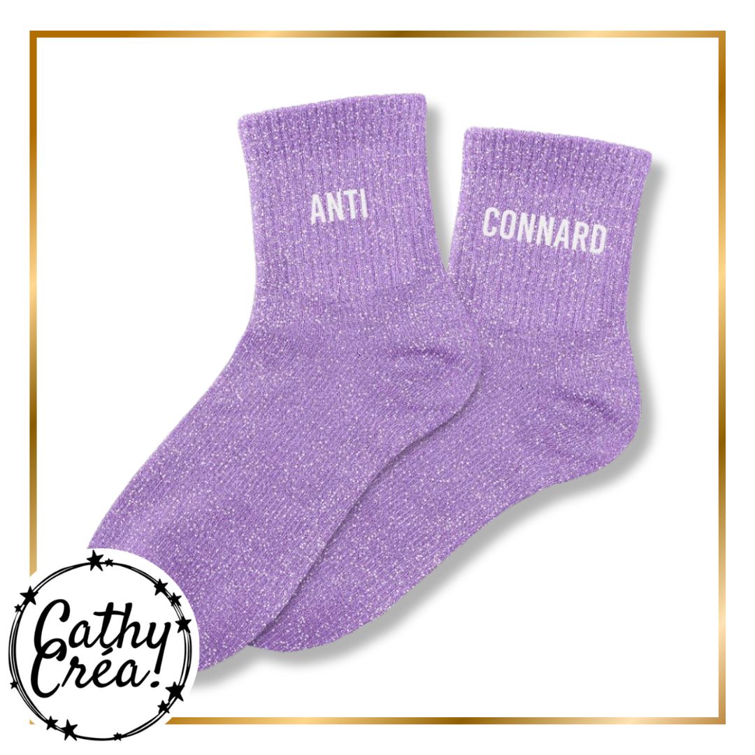 Paire chaussettes paillettes mauves ANTI CONNARD en blanc â cadeau humour femme Cathy CrĂ©a