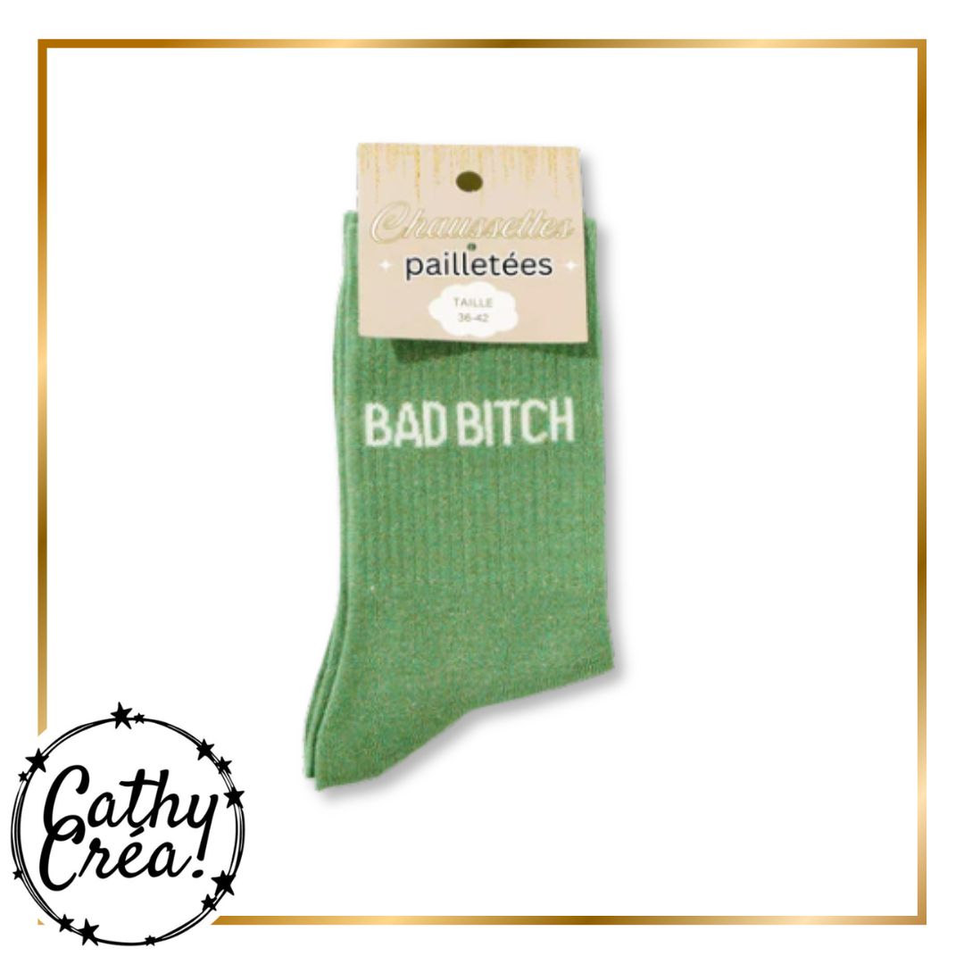 Chaussettes paillettes vertes BAD BITCH packaging hangtag taille 36-42 â Cathy CrĂ©a