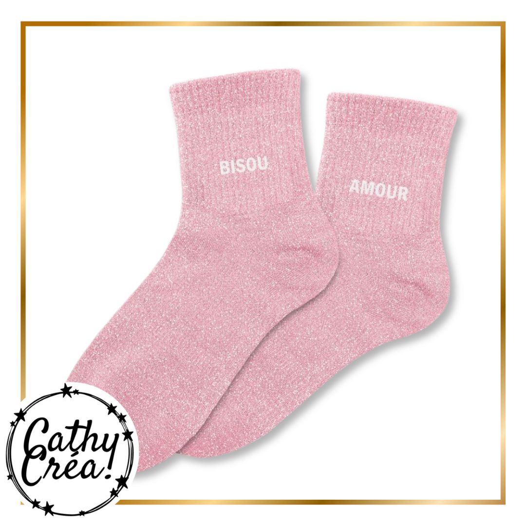 Paire chaussettes paillettes rose bonbon BISOU AMOUR blanc â cadeau romantique Cathy CrĂ©a