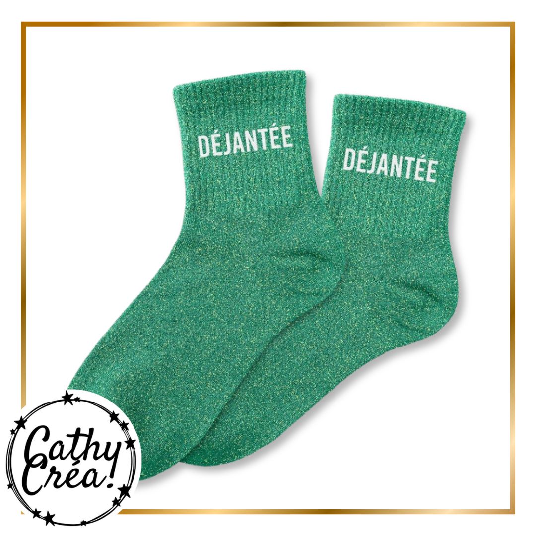 Paire chaussettes paillettes vertes inscription DĂJANTĂE blanc â cadeau fun Cathy CrĂ©a
