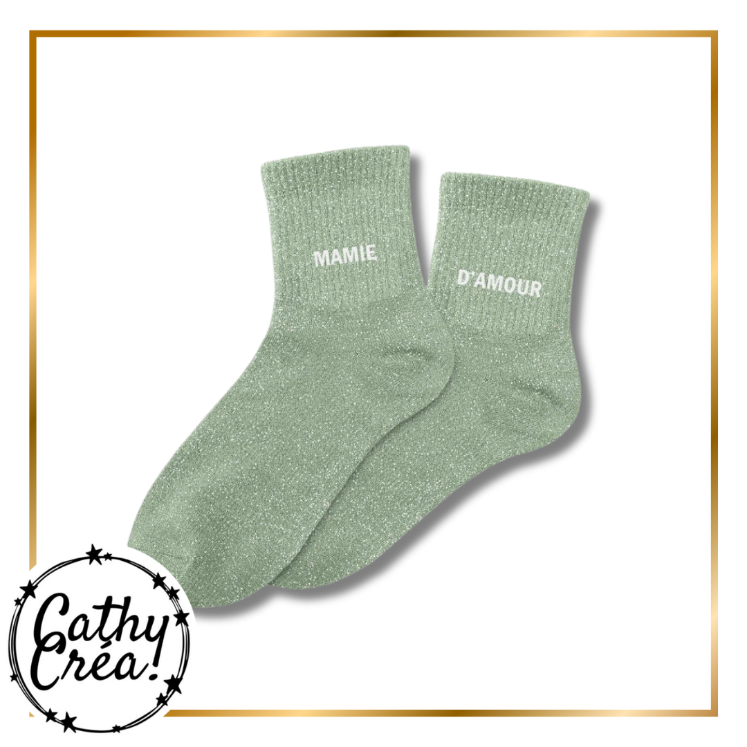 Paire chaussettes paillettes verte inscription MAMIE D'AMOUR blanc – Cathy Créa