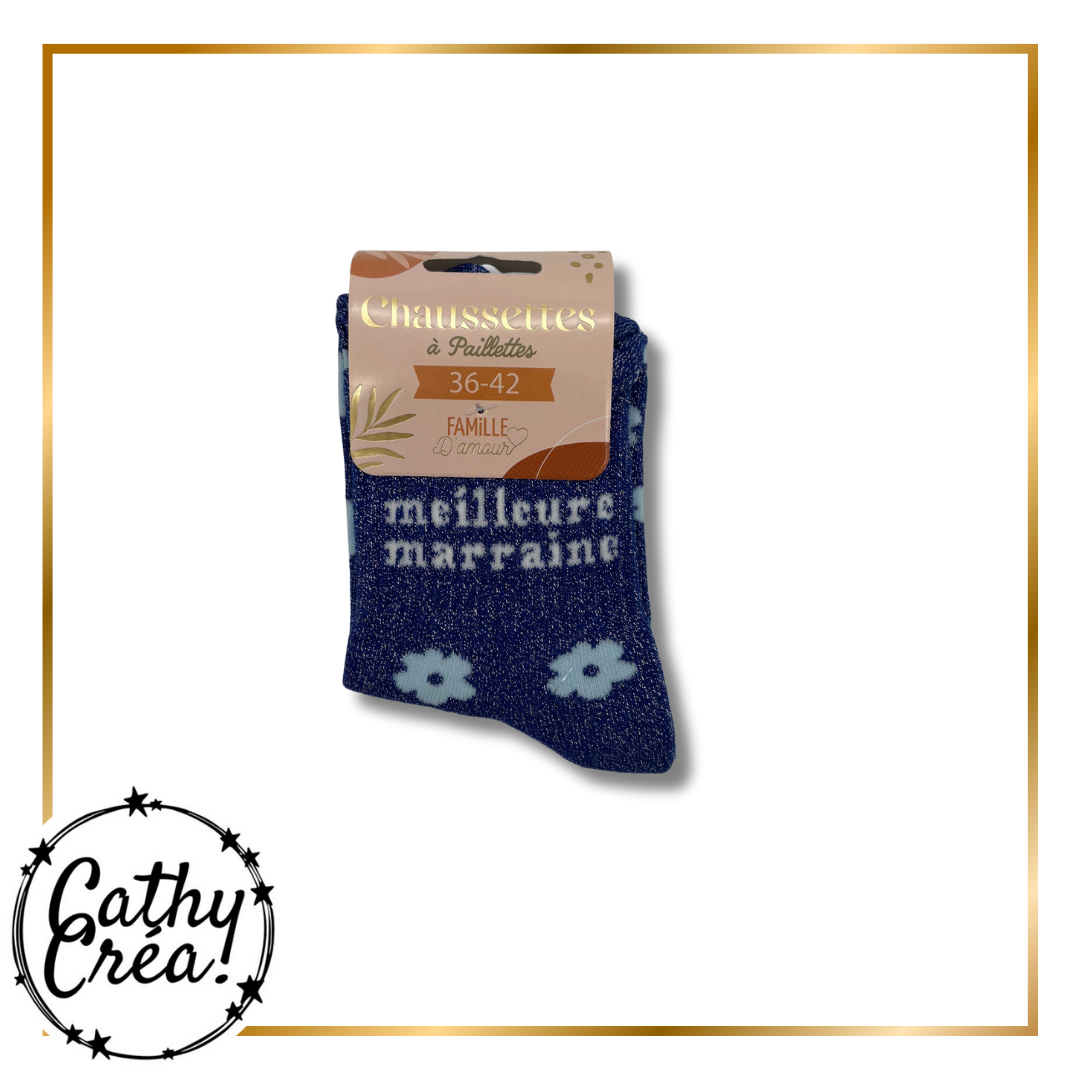 Chaussettes paillettes – Modèle « MEILLEURE MARRAINE>> – Taille 36/42