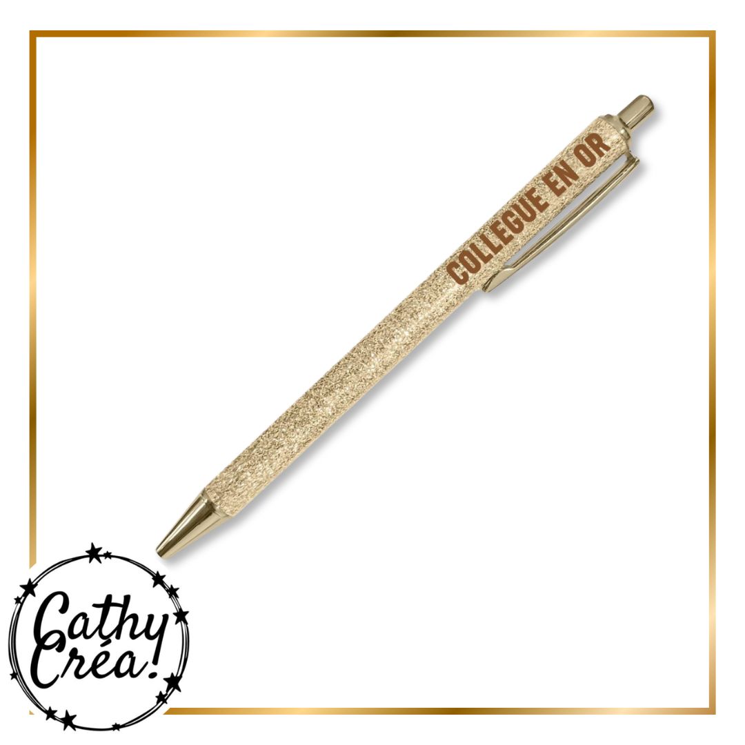 Détail du stylo à paillettes dorées avec inscription Collègue en Or – cadeau bureau pailleté