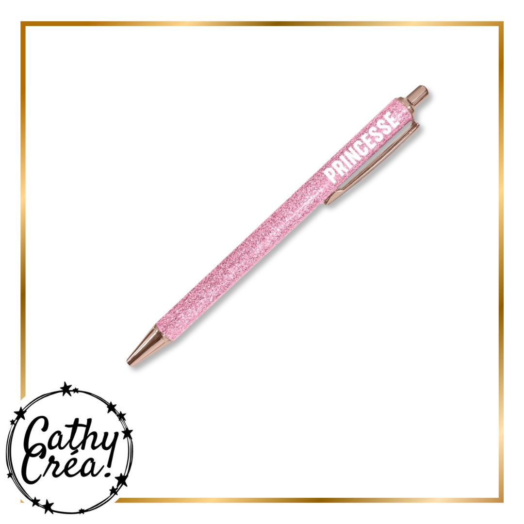 Détail du stylo à paillettes rose gold avec inscription Princesse – cadeau fun et pailleté