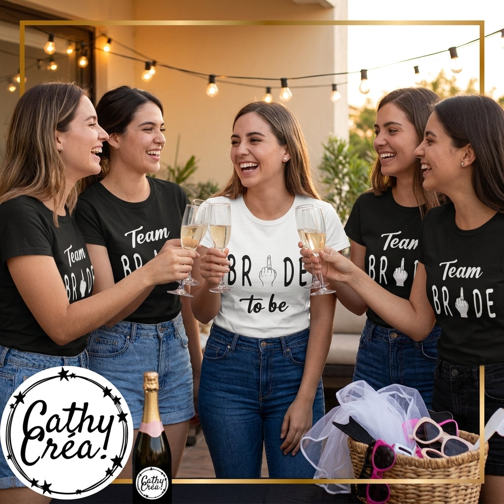 Cinq amies en t-shirts Bride to be et Team Bride trinquant au champagne en terrasse