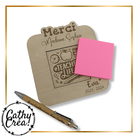 Support à Post-it personnalisé en bois – Cadeau pour maîtresse ou maître