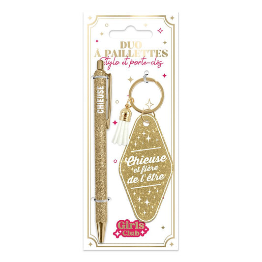 💫 Duo pailleté – Porte-clés & stylo “Chieuse et fière de l’être” ✍️💋