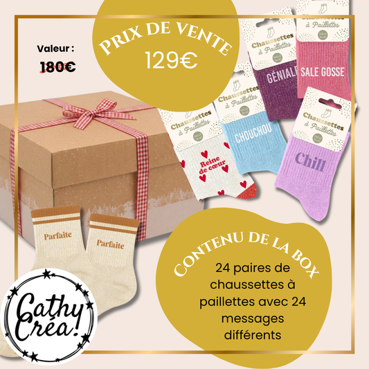 Contenu du calendrier de l'Avent : 24 paires de chaussettes à paillettes avec messages différents