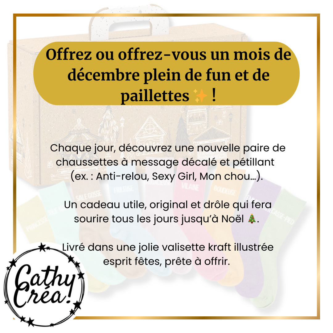 ⭐ Calendrier de l’Avent 100% Paillettes – 24 paires de chaussettes à message