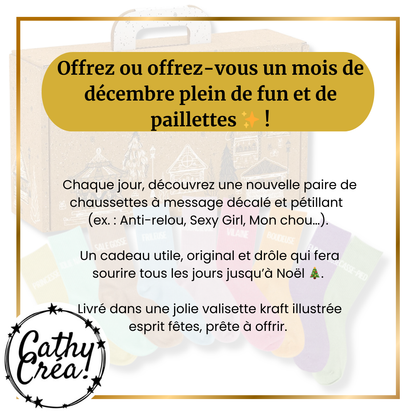 ⭐ Calendrier de l’Avent 100% Paillettes – 24 paires de chaussettes à message