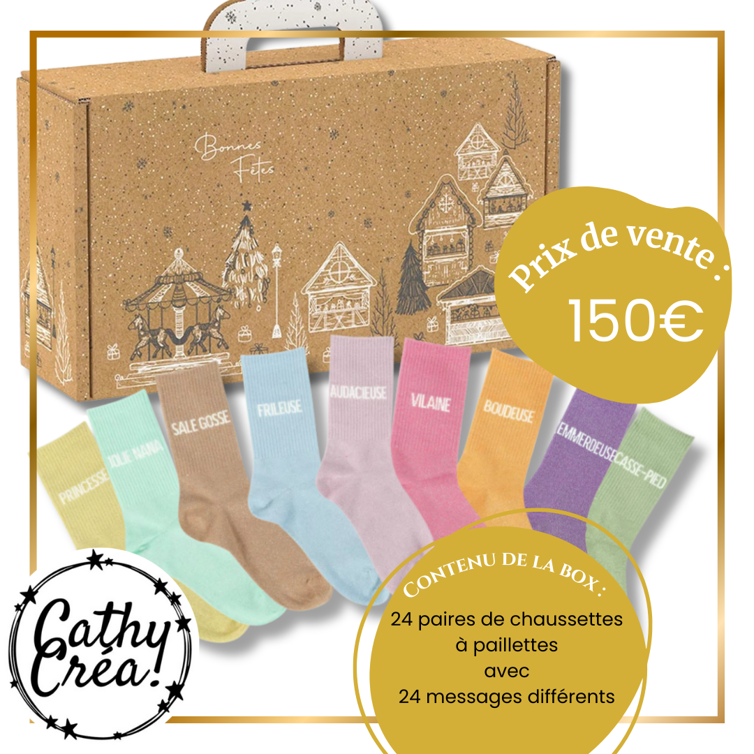 ⭐ Calendrier de l’Avent 100% Paillettes – 24 paires de chaussettes à message
