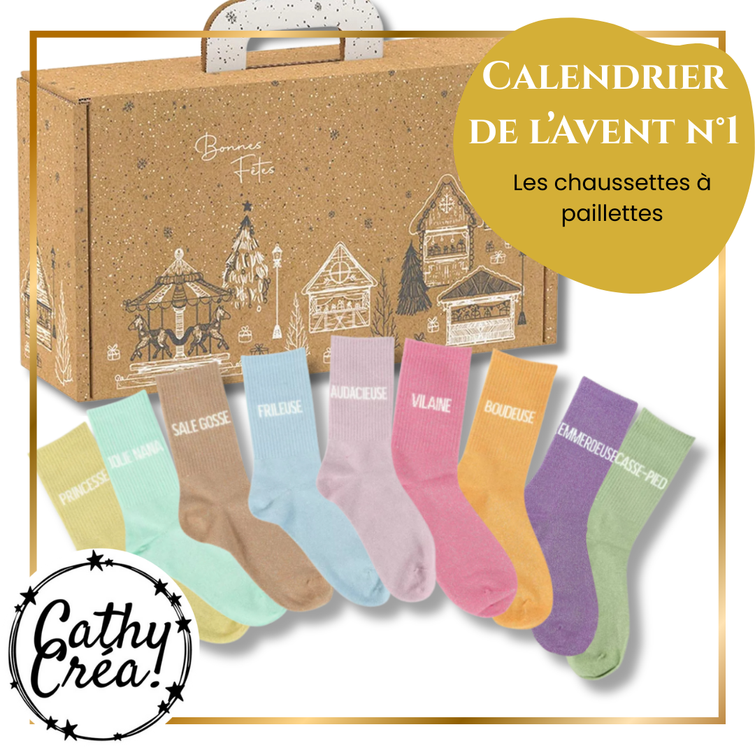 ⭐ Calendrier de l’Avent 100% Paillettes – 24 paires de chaussettes à message