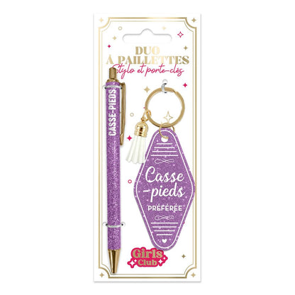 💜Duo pailleté – Porte-clés & stylo “Casse-pieds préférée” ✍️✨