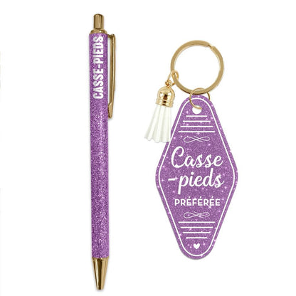 💜Duo pailleté – Porte-clés & stylo “Casse-pieds préférée” ✍️✨