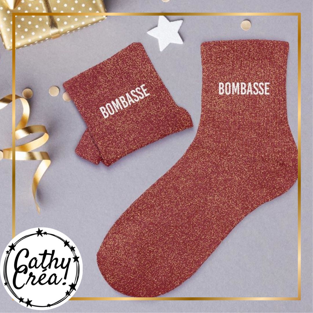 🧦 Chaussettes paillettes "BOMBASSE" – cadeau fun pour femme 🎁