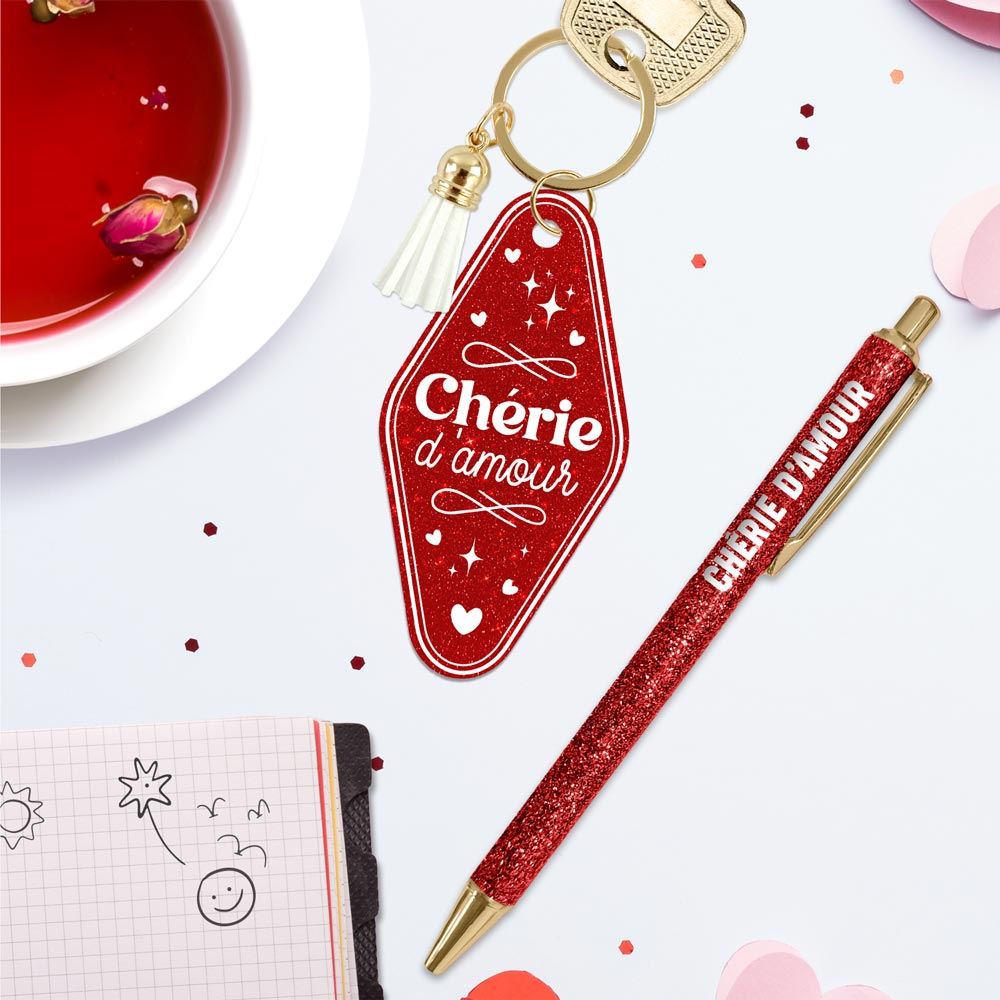 ❤️ Duo pailleté – Porte-clés & stylo “Chérie d’amour” ✨