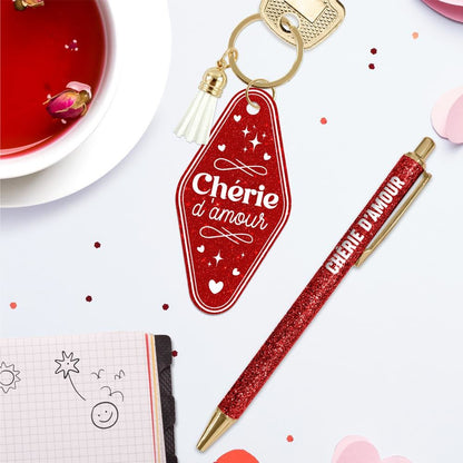 ❤️ Duo pailleté – Porte-clés & stylo “Chérie d’amour” ✨