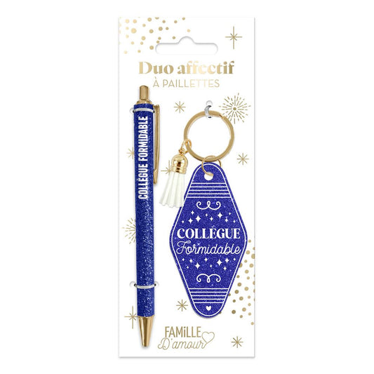 💙 Duo pailleté – Porte-clés & stylo “Collègue formidable” ✨
