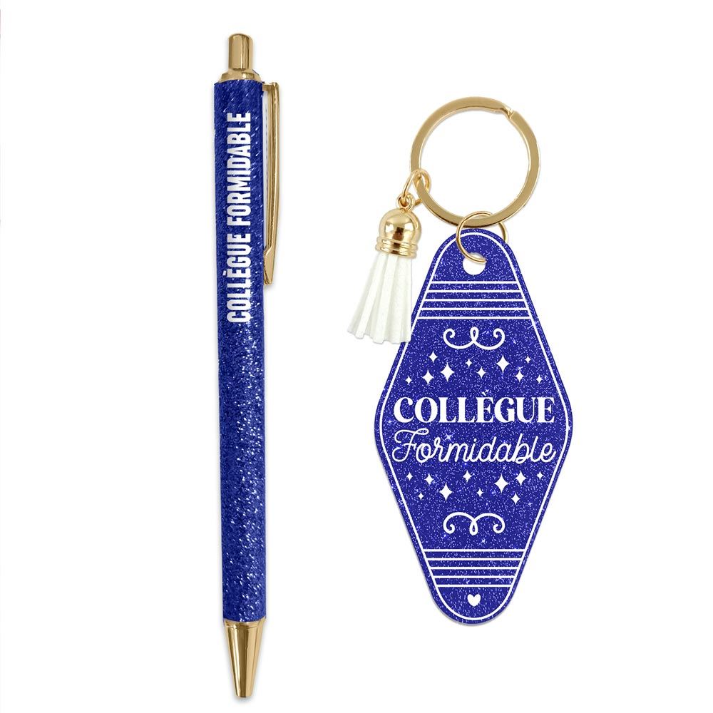 💙 Duo pailleté – Porte-clés & stylo “Collègue formidable” ✨