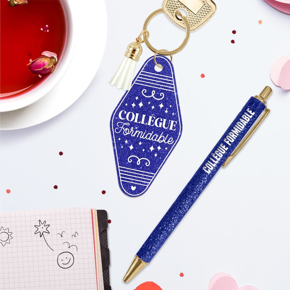 💙 Duo pailleté – Porte-clés & stylo “Collègue formidable” ✨