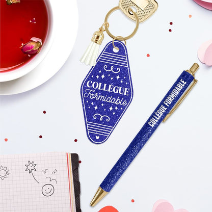 💙 Duo pailleté – Porte-clés & stylo “Collègue formidable” ✨