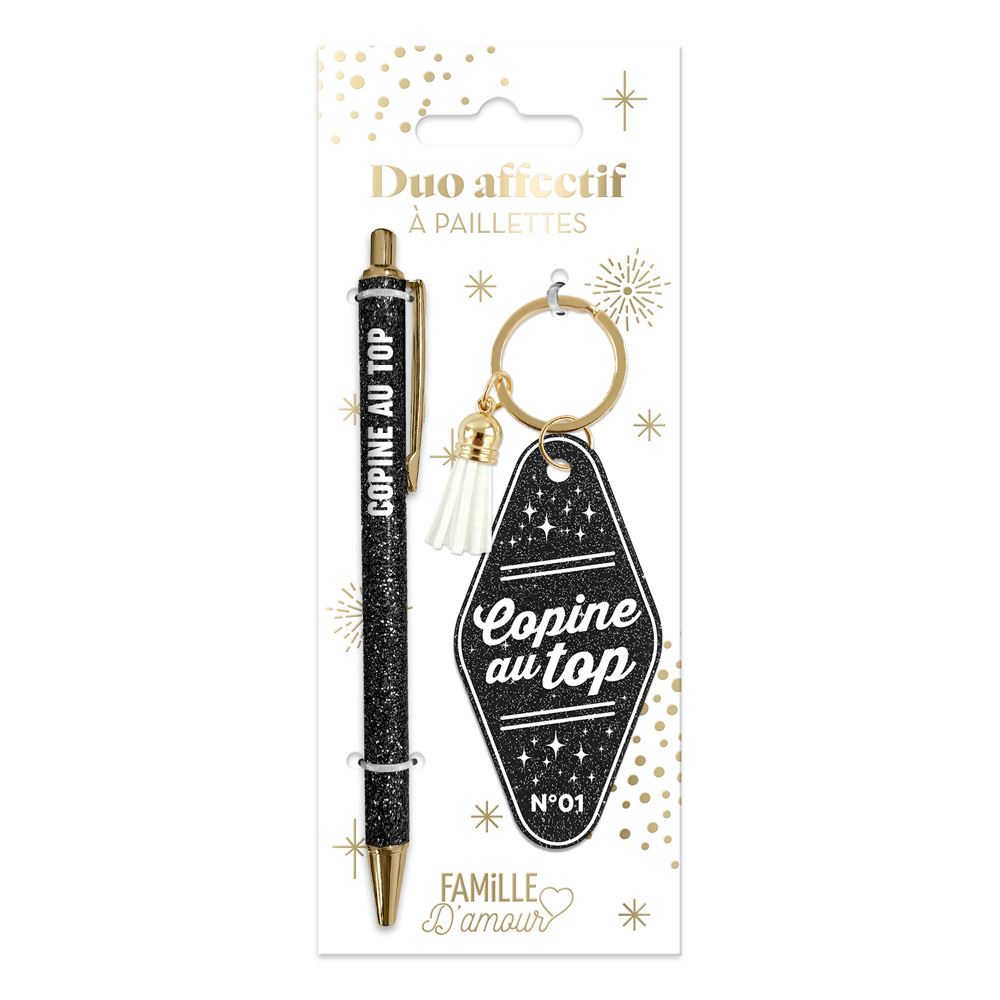 🖤 Duo pailleté – Porte-clés & stylo “Copine au top” ✨