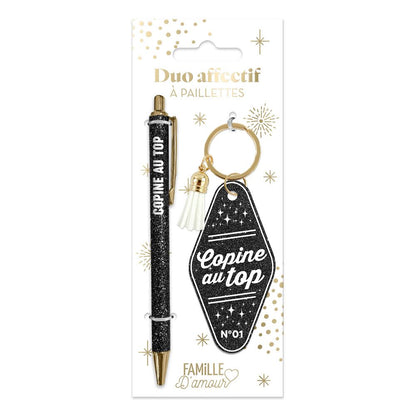 🖤 Duo pailleté – Porte-clés & stylo “Copine au top” ✨