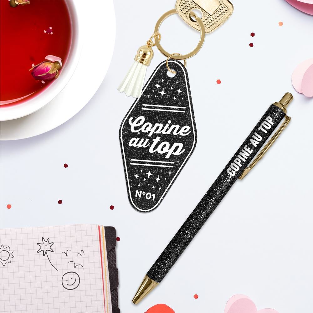 🖤 Duo pailleté – Porte-clés & stylo “Copine au top” ✨