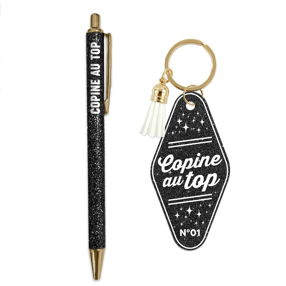 🖤 Duo pailleté – Porte-clés & stylo “Copine au top” ✨