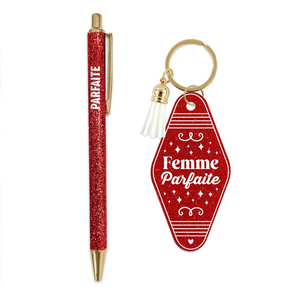 ❤️ Duo pailleté – Porte-clés & stylo “Femme parfaite” ✨