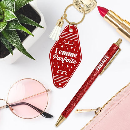 ❤️ Duo pailleté – Porte-clés & stylo “Femme parfaite” ✨