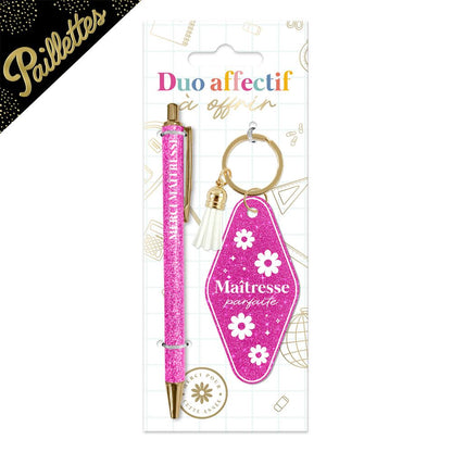 💖 Duo pailleté – Porte-clés & stylo “Maîtresse pailletée” ✏️✨