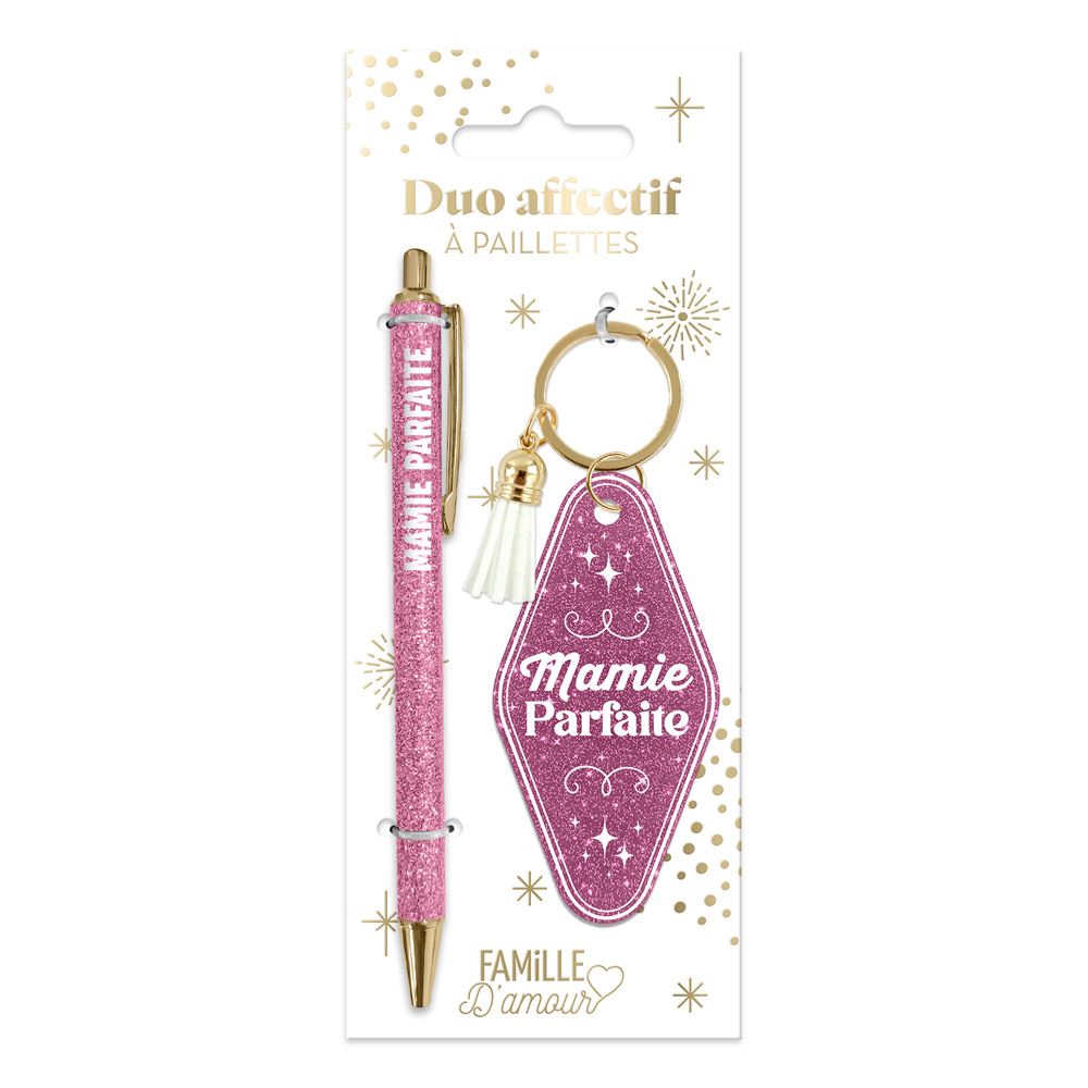 💖 Duo pailleté – Porte-clés & stylo “Mamie parfaite” ✨