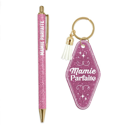 💖 Duo pailleté – Porte-clés & stylo “Mamie parfaite” ✨