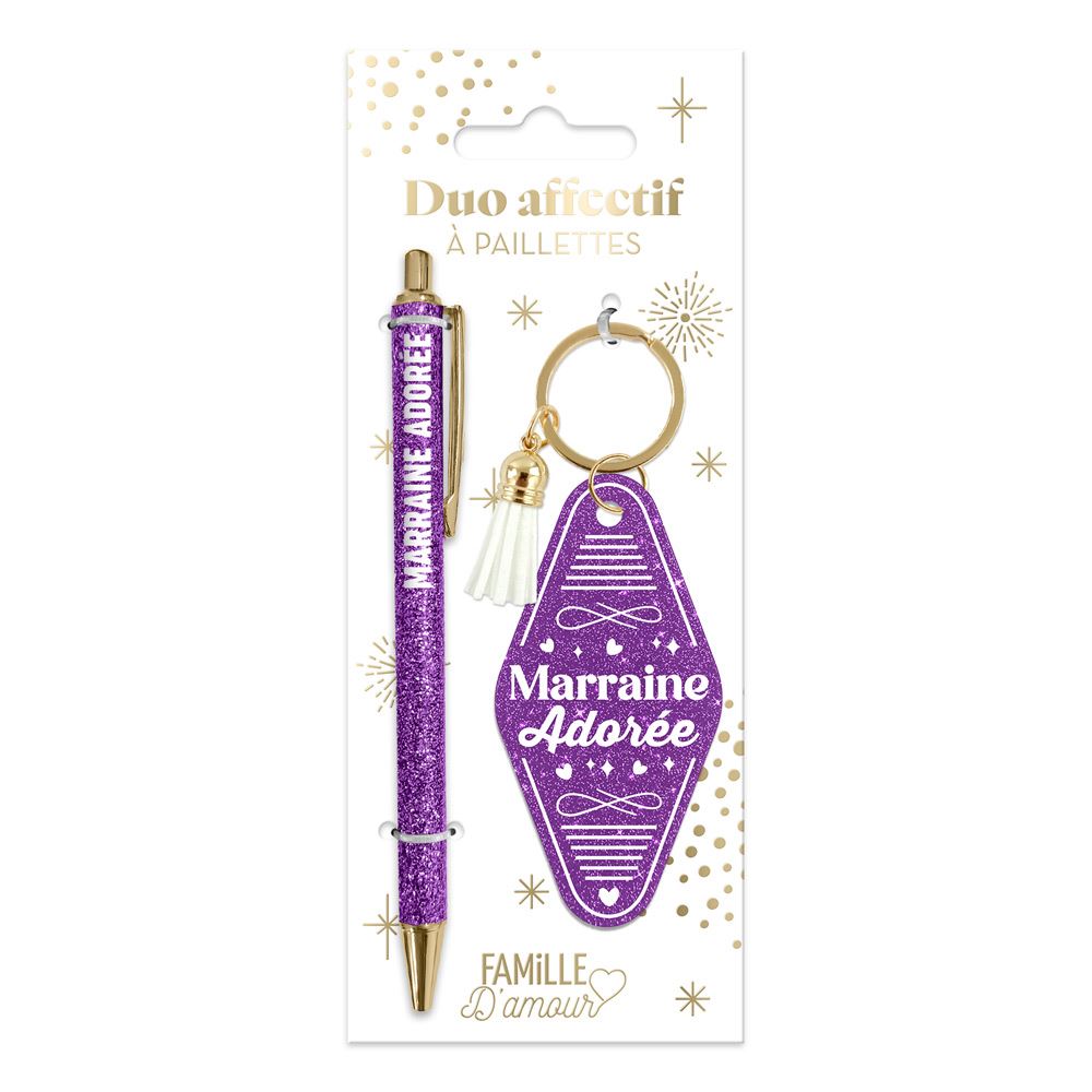 💜 Duo pailleté – Porte-clés & stylo “Marraine adorée” ✨