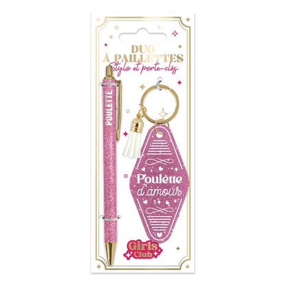 💖 Duo pailleté – Porte-clés & stylo “Poulette d’amour” ✨