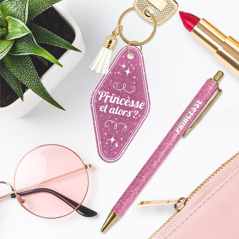👑 Duo pailleté – Porte-clés & stylo “Princesse et alors ?” ✨