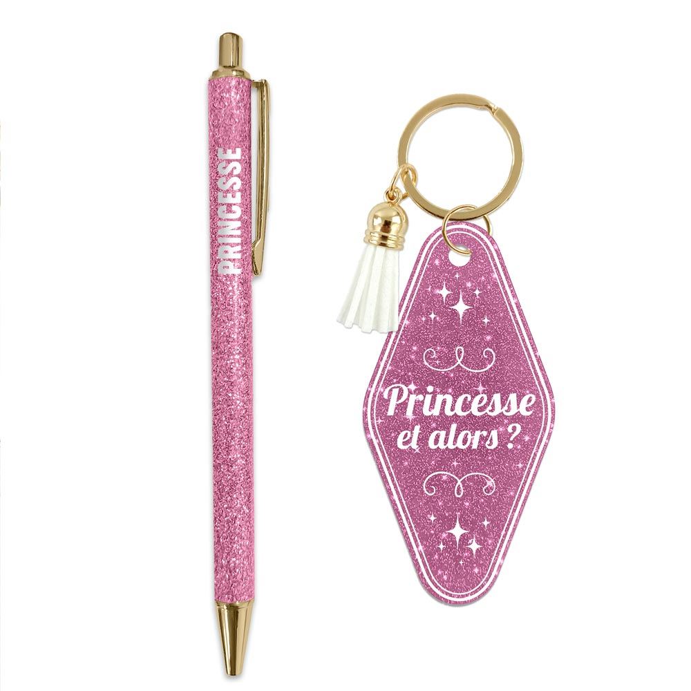 👑 Duo pailleté – Porte-clés & stylo “Princesse et alors ?” ✨