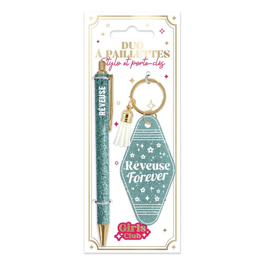 🌙 Duo pailleté – Porte-clés & stylo “Rêveuse forever” ✨