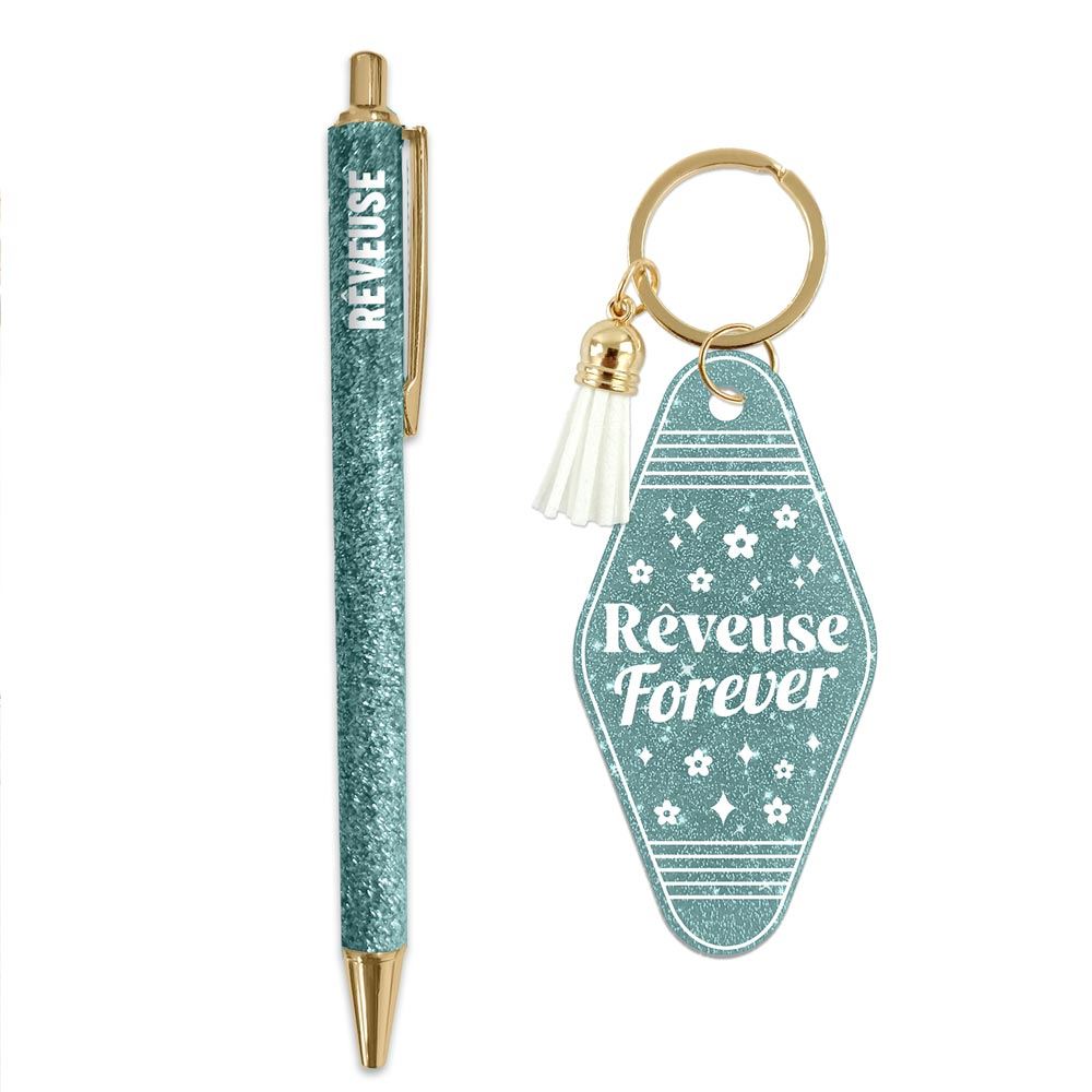 🌙 Duo pailleté – Porte-clés & stylo “Rêveuse forever” ✨