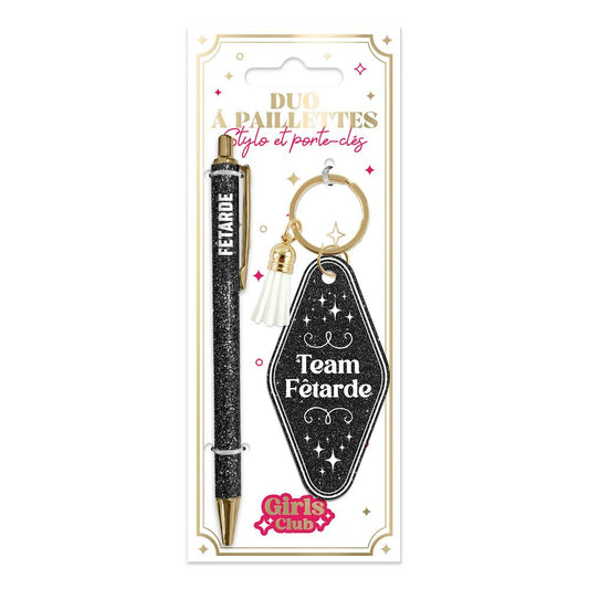 🖤 Duo pailleté – Porte-clés & stylo “Team Fêtarde” 🥂✨
